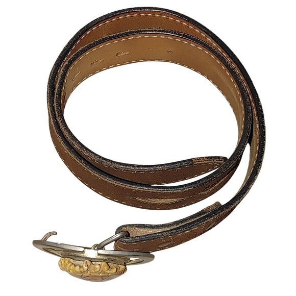 Vintage Justin Belt Western Leather Brown Deer Antler Buckle Size 28 Fur Inlay - Picture 11 of 11
